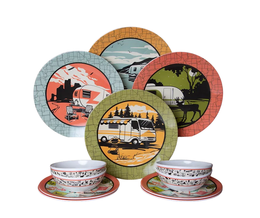 CC-001 – CAMP CASUAL Dish Set, 12 Piece Set Camping Images Multiple Color Melamine With Four 11 Inch Dinner Plates/ F...